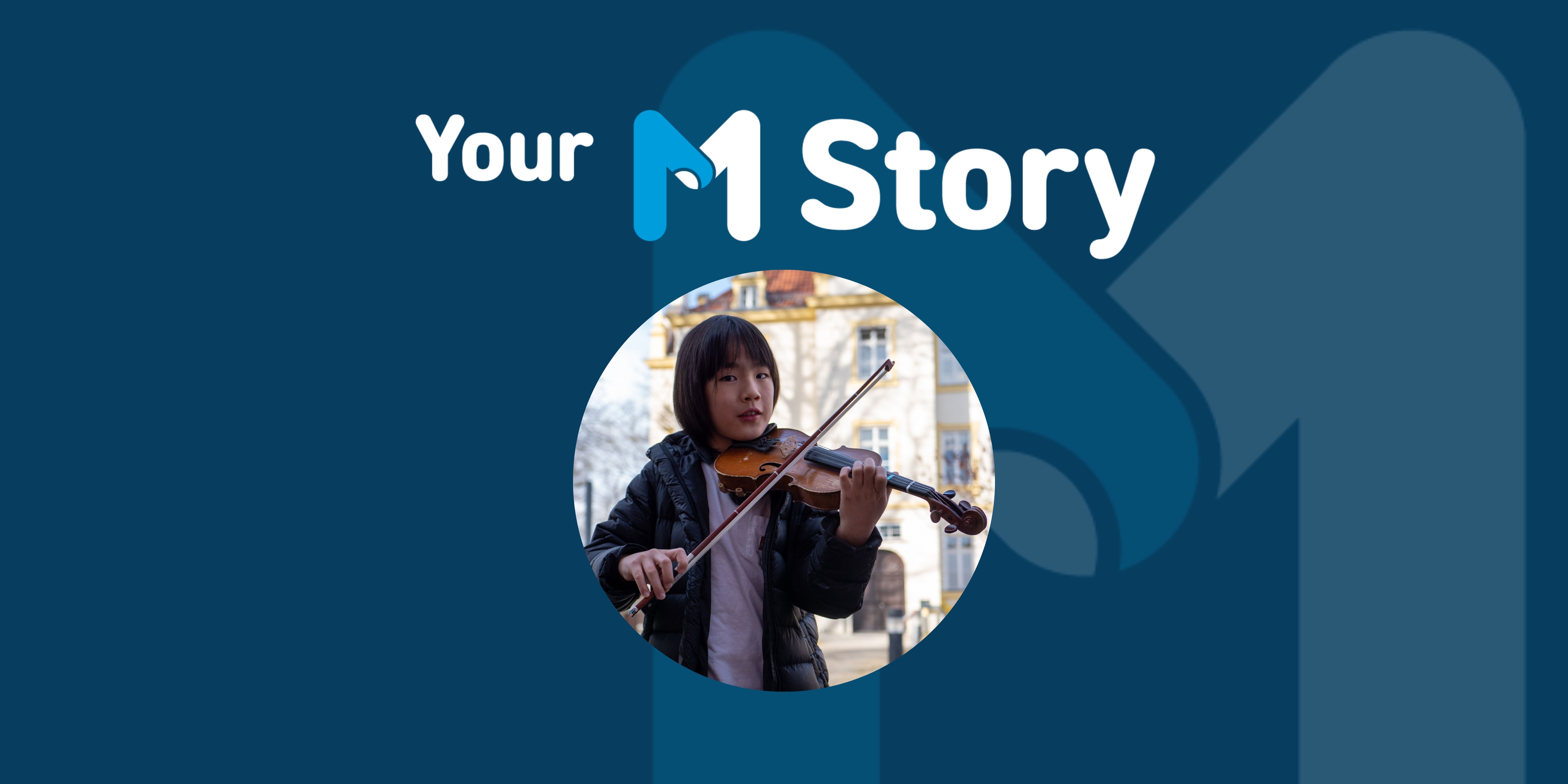 M Stories banner featuring Calvin Chen playing violin outside of the iconic Schloss at Munich International School