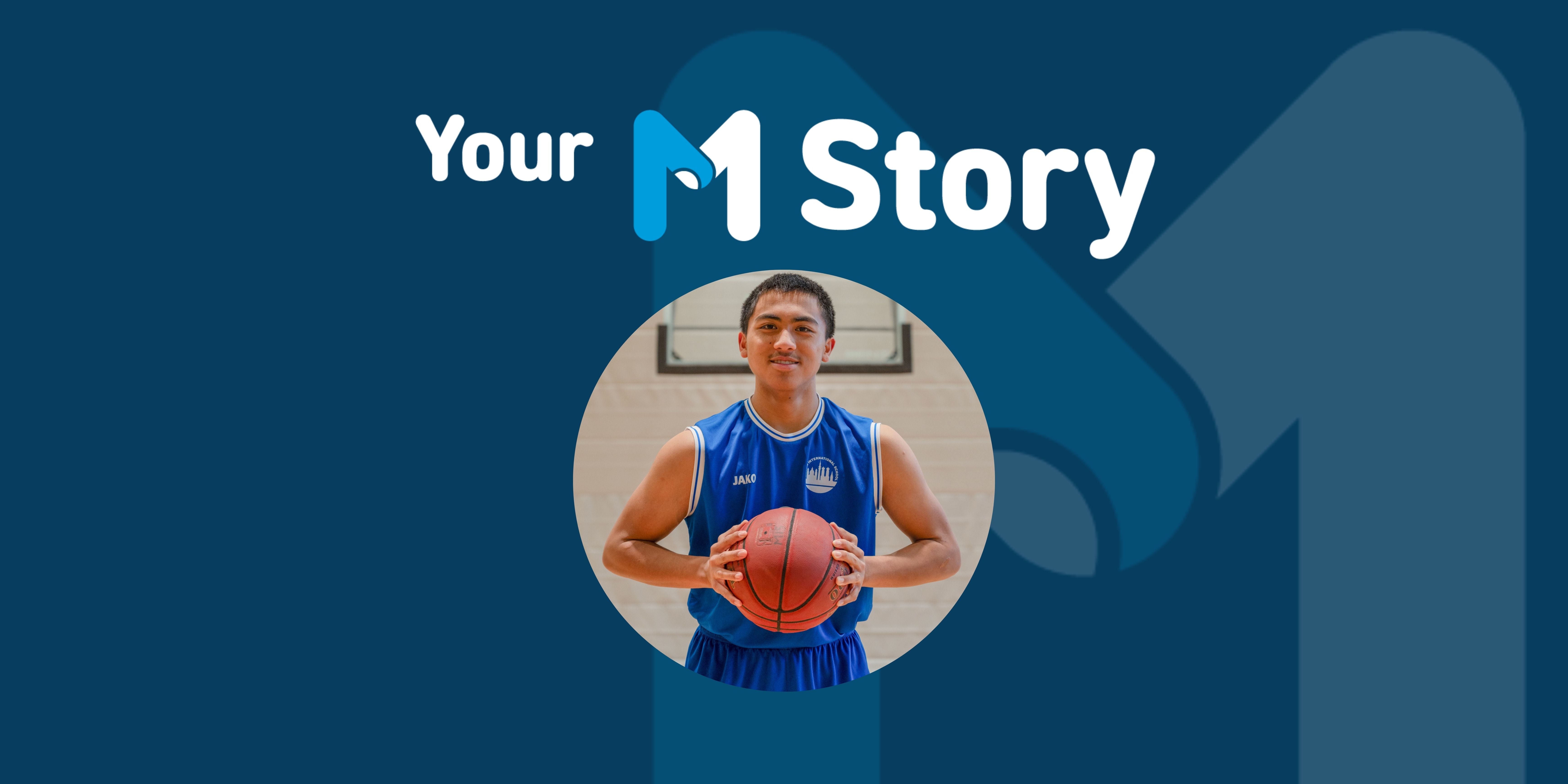 M Stories banner featuring Jared, playing basketball in the FAB