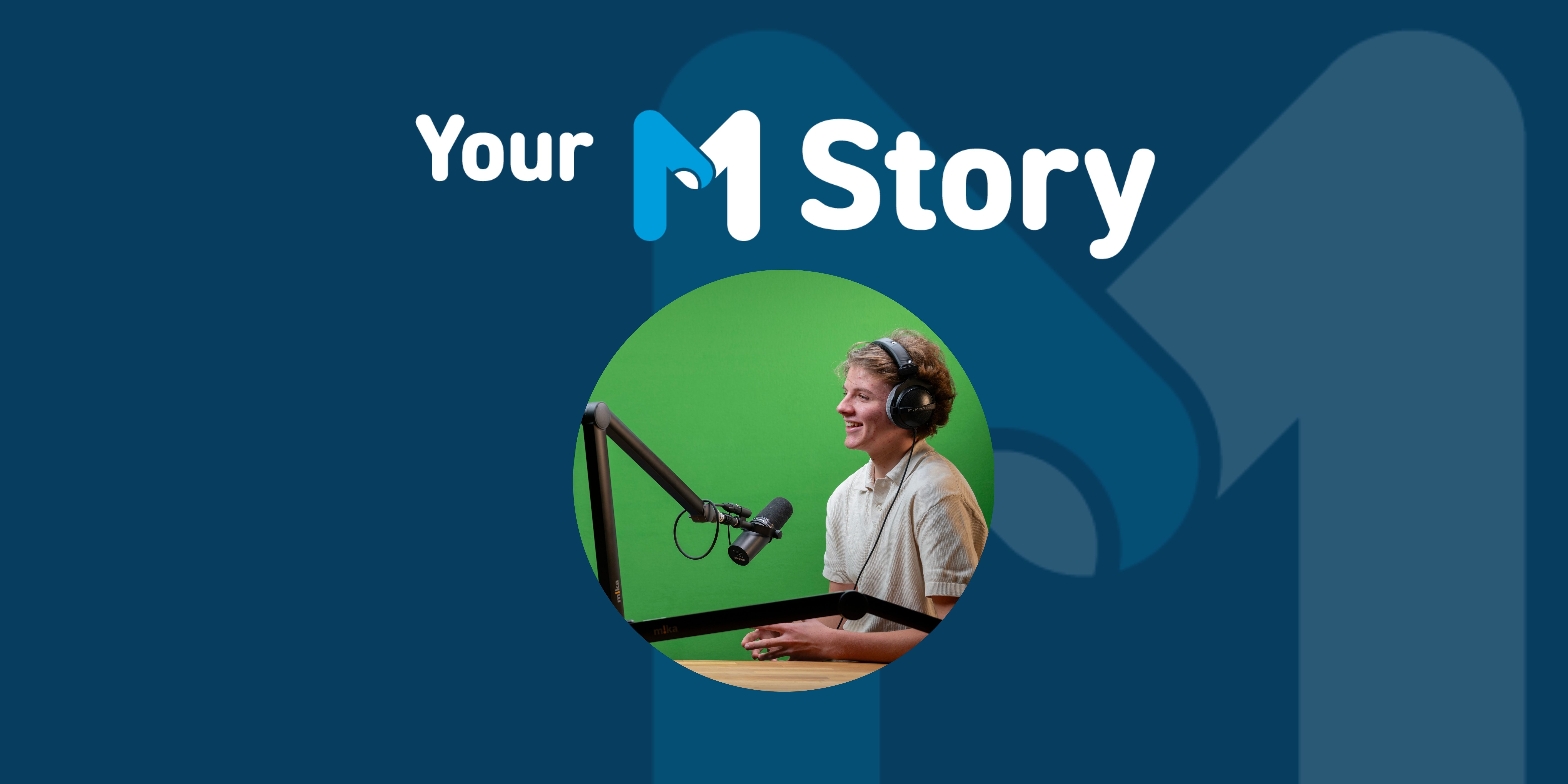 M Stories banner featuring Will White in the recording studio, recording a podcast